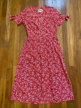 Rouje Red White Floral Midi Button Down Dress
